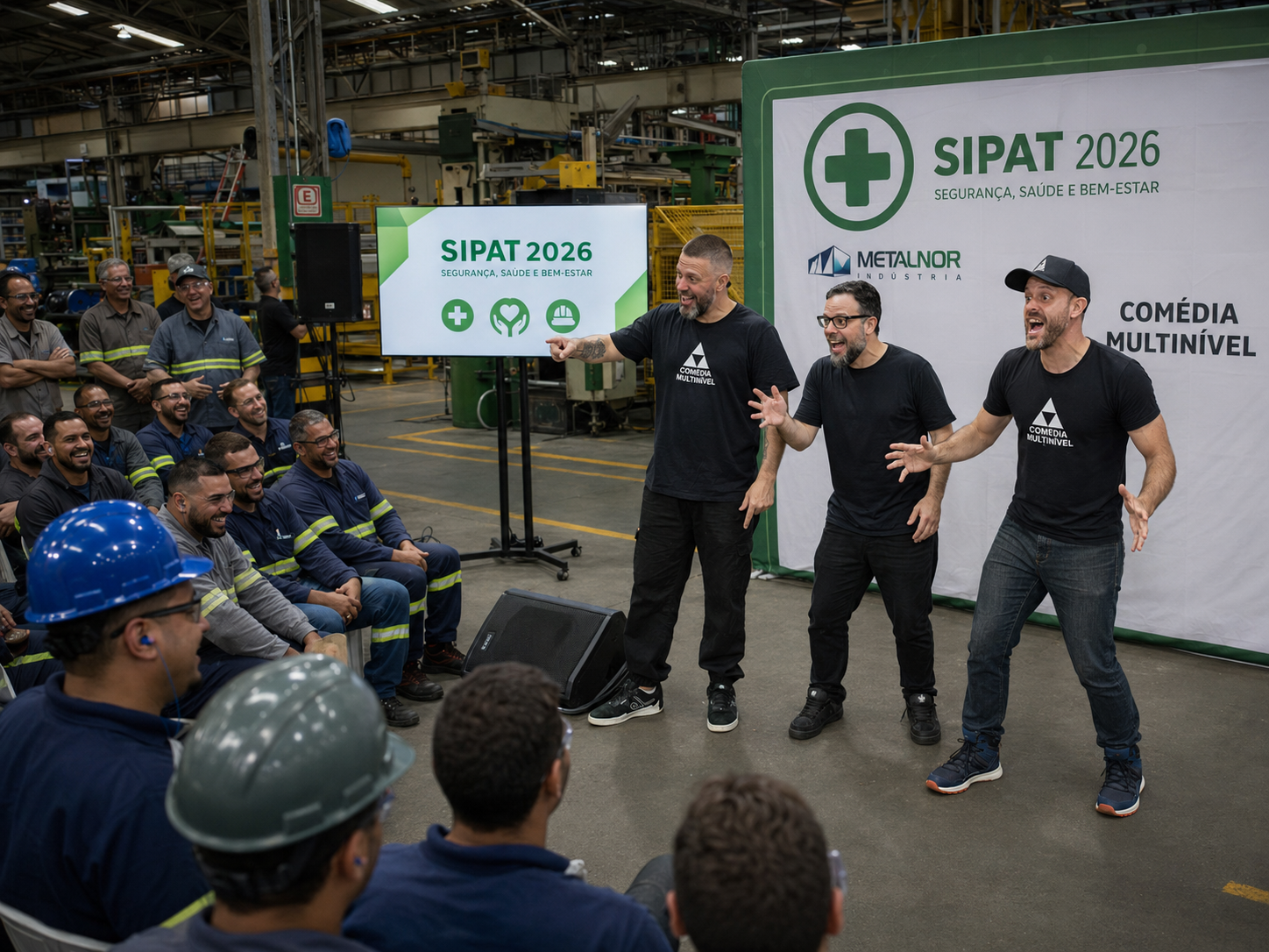 Equipe do Comédia Multinível apresentando show de segurança em fábrica
